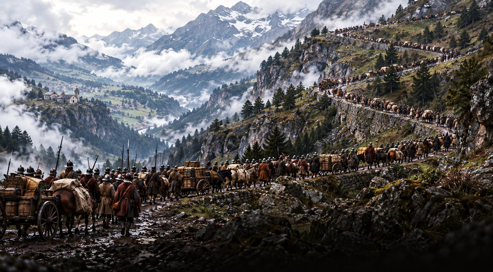 Una larga columna de soldados con mulas y carros sube por un camino de montaña entre nieve, barro y nubes.