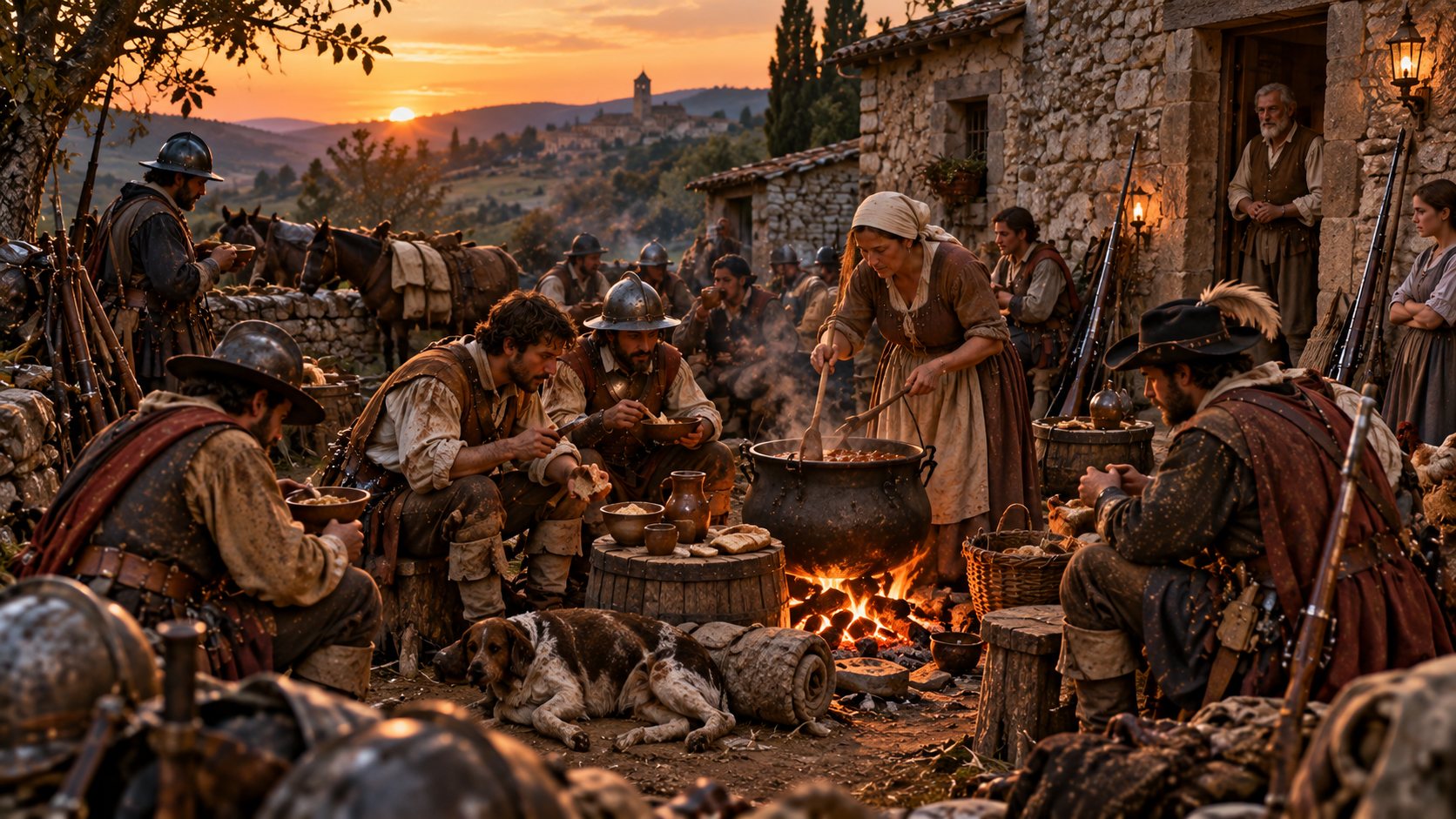 Una cuadrilla de soldados come al atardecer en el patio de una casa de piedra: una mujer remueve una gran olla sobre el fuego, los hombres comen pan y guiso de cuencos, y un vecino mira desde la puerta.