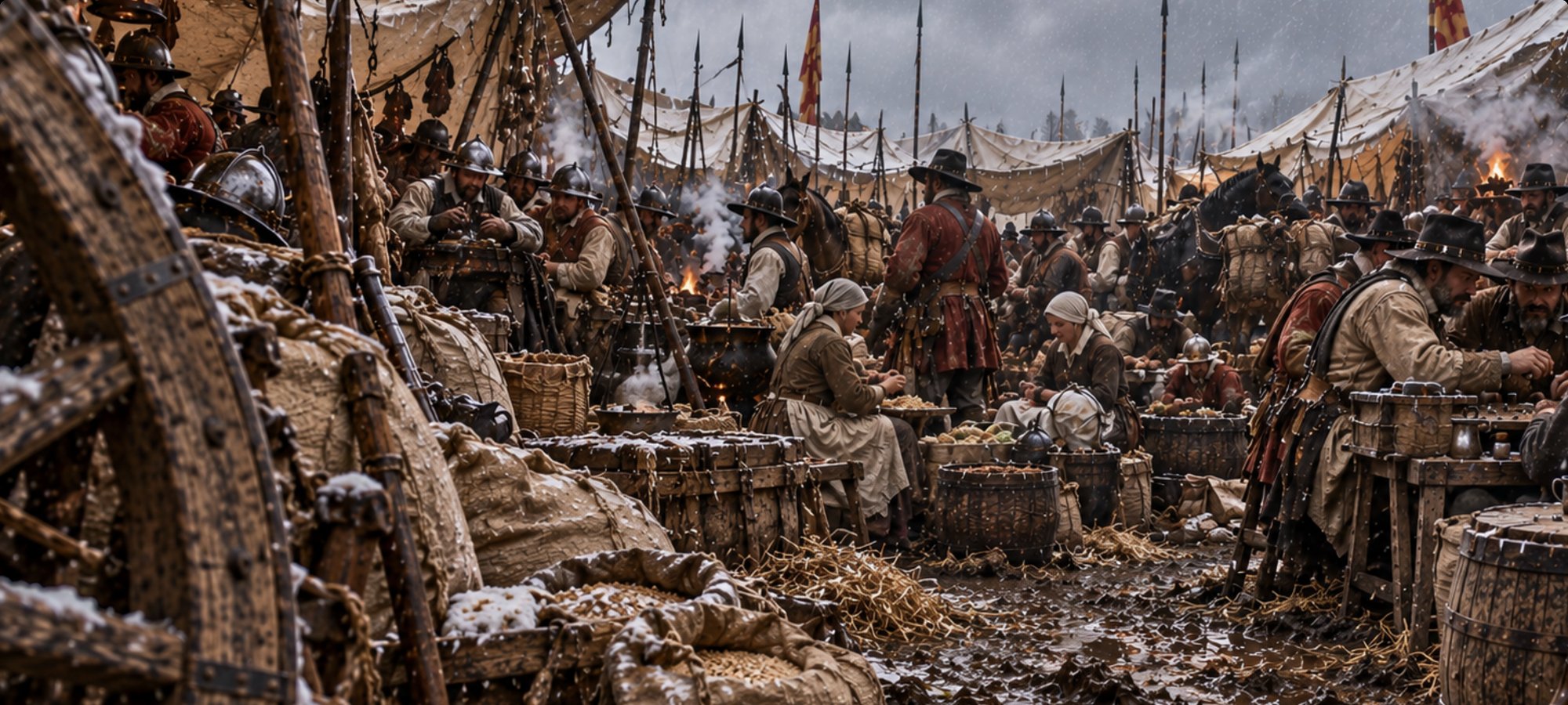 Un campamento de los Tercios bajo una nevada ligera: tiendas de lona, picas, carros y soldados sentados entre sacos y barriles.