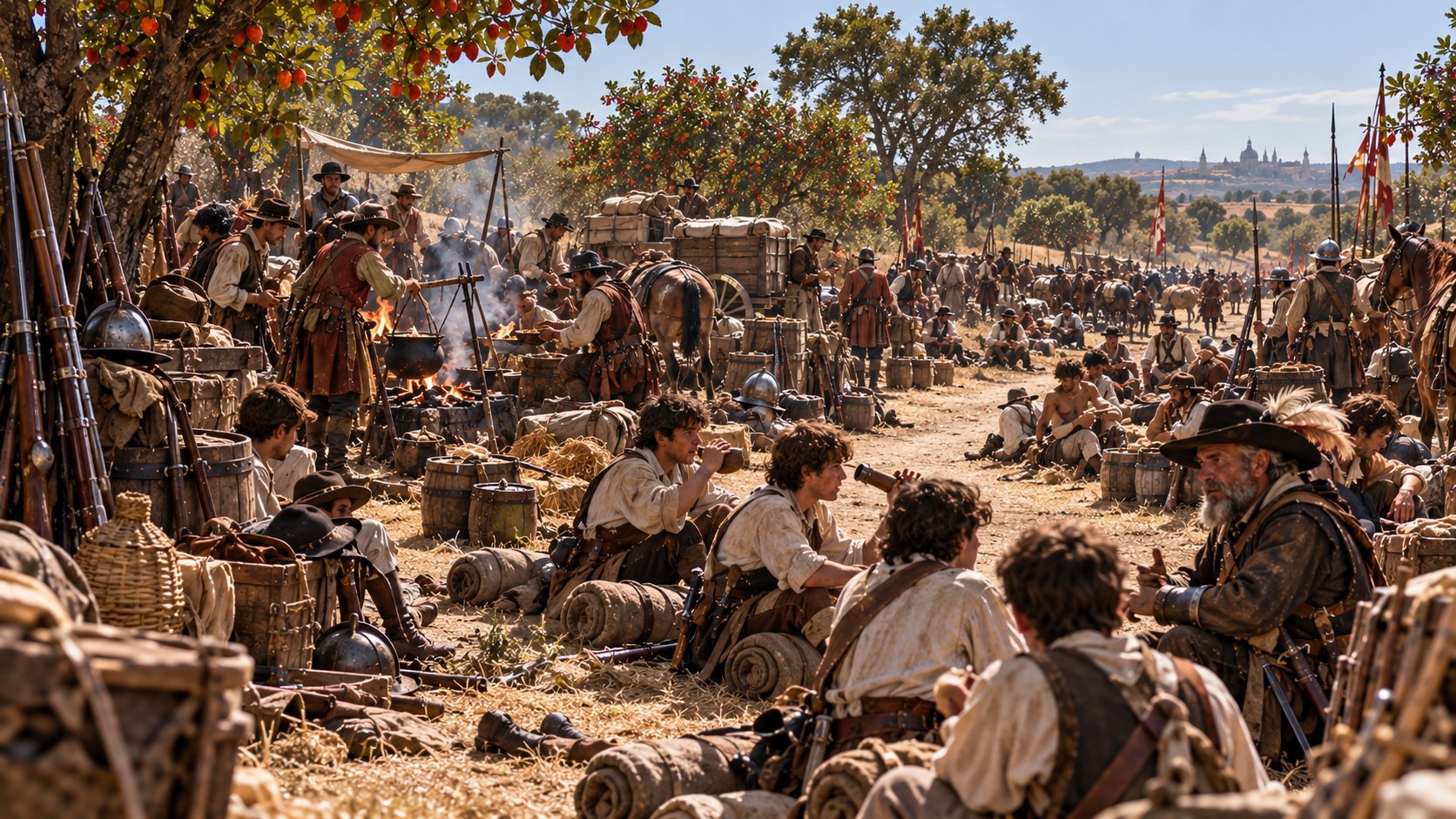 Primera jornada de marcha: un campamento a pleno sol bajo los árboles, con soldados sentados entre barriles, fardos y armas apoyadas, una cocina de campaña al fondo, carros, caballos y banderas.