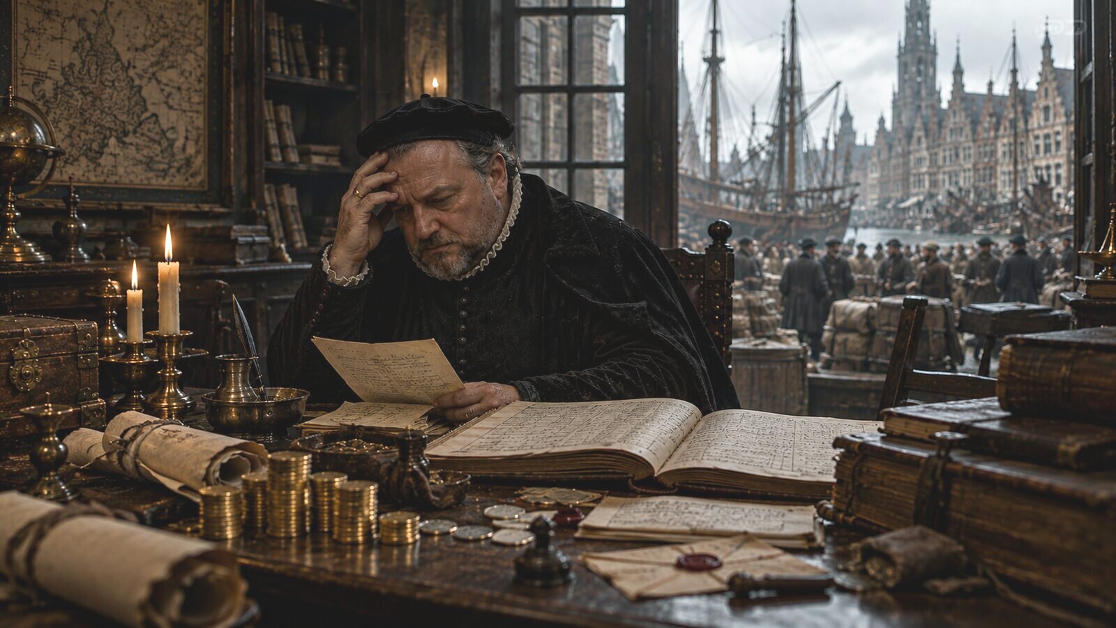 Un asentista revisa cartas y libros de cuentas en su despacho de Amberes, con el puerto al fondo.