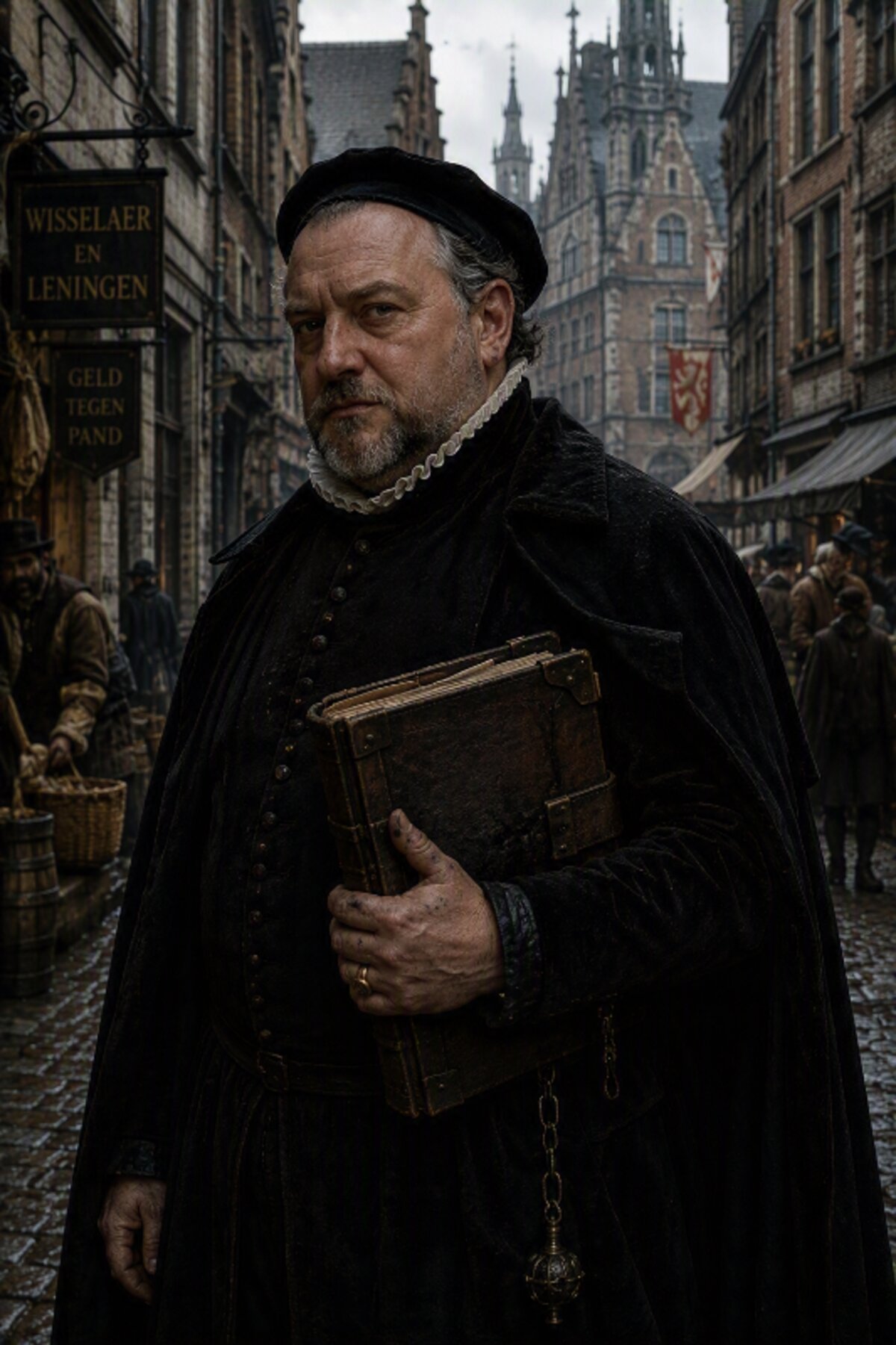 Matthäus Örten, factor de la casa Fugger, en una calle de Amberes junto a la casa de cambio.