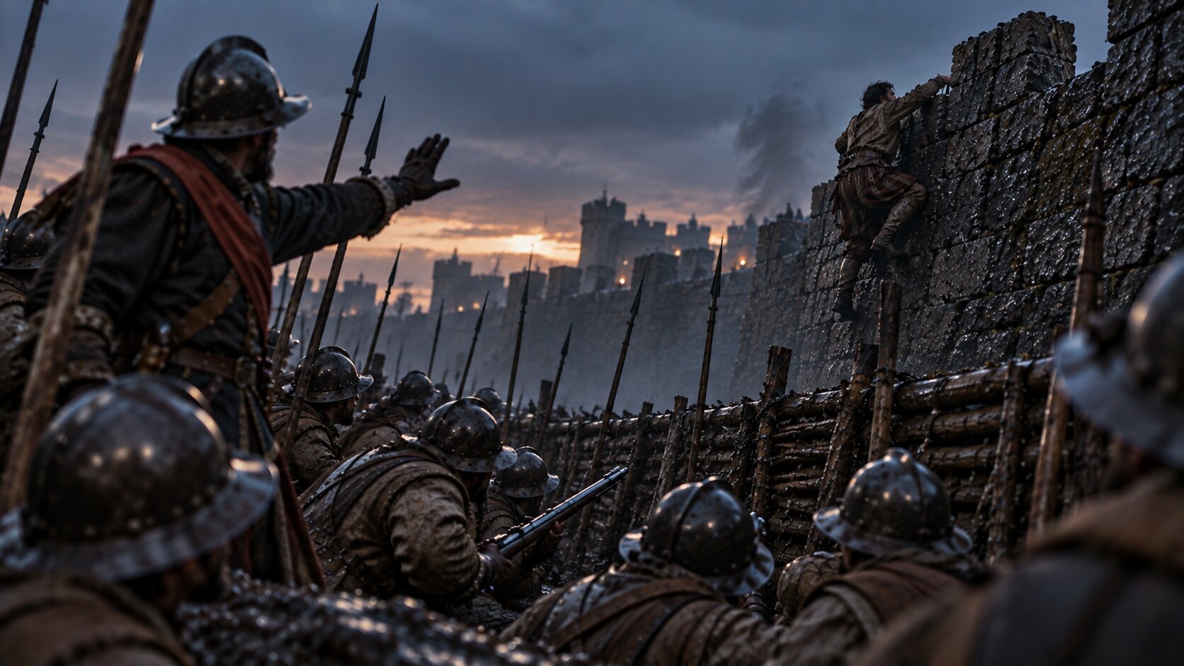 Un oficial al frente de la trinchera levanta la mano para ordenar alto, mientras un soldado escala solo una muralla al amanecer para alcanzar una bandera en lo alto; el resto de la compañía permanece en orden, picas apoyadas.