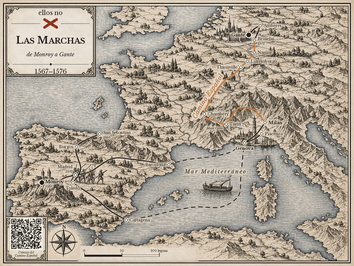 Mapa ilustrado «Las marchas, de Monroy a Gante, 1567-1576»: las rutas de la novela desde Monroy hasta Gante, con el Camino Español en ámbar entre Milán y Bruselas.