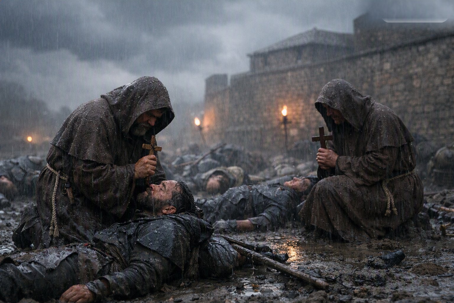 Dos sacerdotes dan la extremaunción a los moribundos entre los cadáveres de la explanada, bajo la lluvia, con la muralla del Spanjaardenkasteel al fondo.