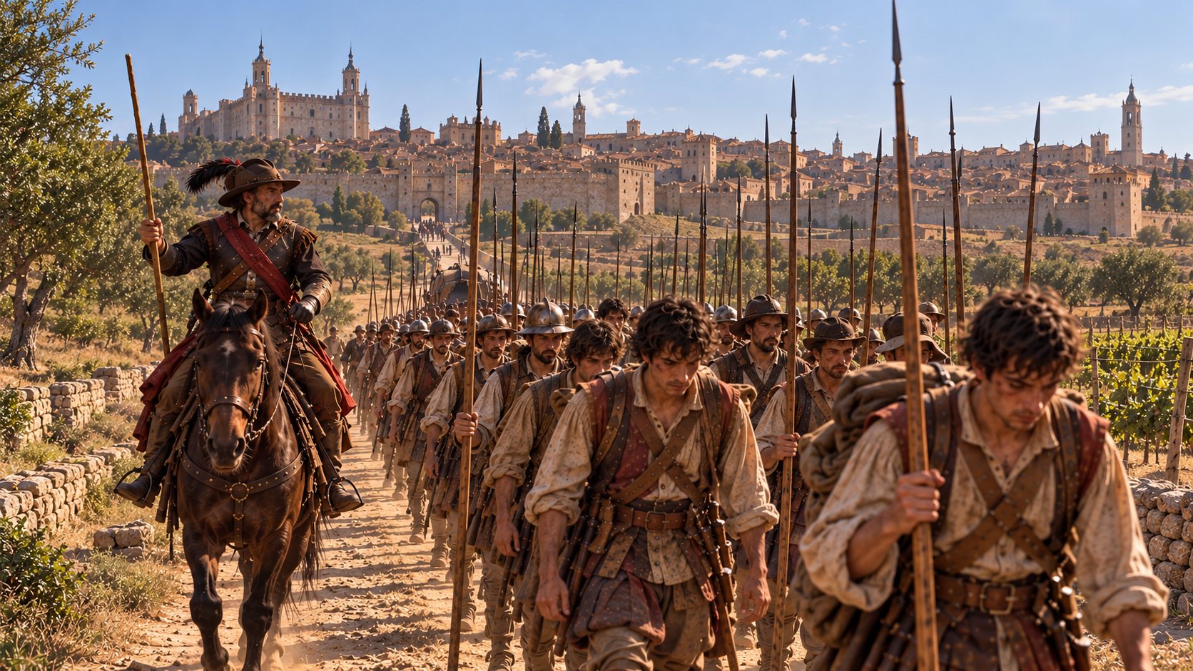 Una leva de soldados con picas avanza por un camino entre viñedos, con un oficial a caballo al margen y una ciudad amurallada al fondo.